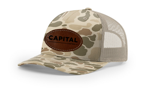 Richardson Printed Five-Panel Trucker 112PFP Real Leather Sewn Patch