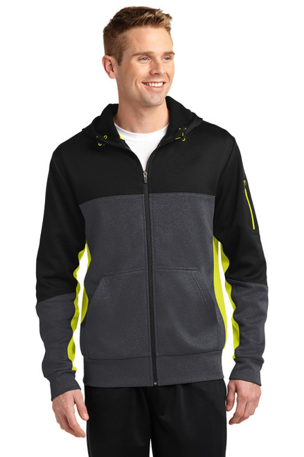 Sport-Tek® Tech Fleece Colorblock Full-Zip Hooded Jacket. ST245 Black/ Graphite Heather/ Citron