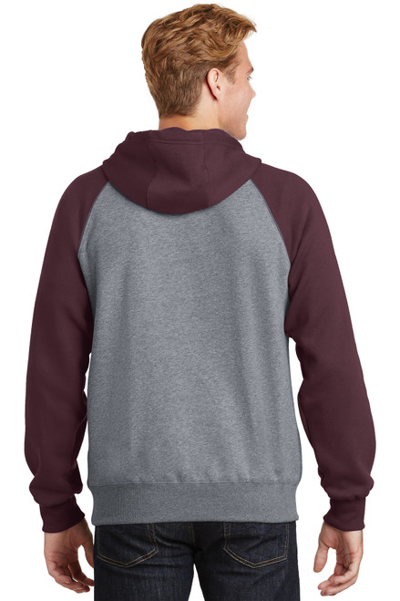 Sport-Tek® Raglan Colorblock Pullover Hooded Sweatshirt. ST267 Maroon/ Vintage Heather Back