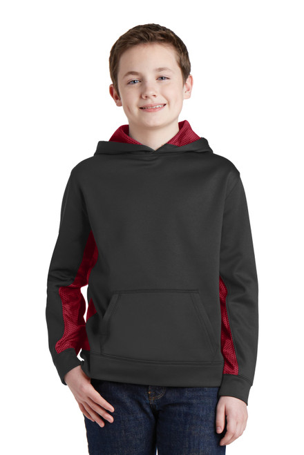 Sport-Tek® Youth Sport-Wick® CamoHex Fleece Colorblock Hooded Pullover.  YST239 Black/ Deep Red Sport-Tek® Youth Sport-Wick® CamoHex Fleece Colorblock Hooded Pullover.  YST239 Black/ Deep Red