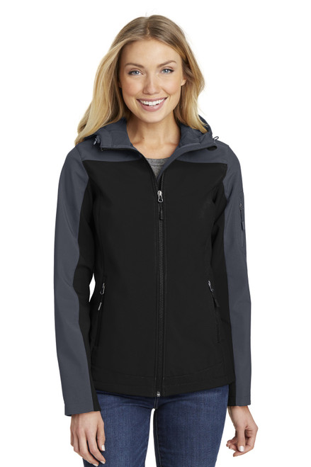 Port Authority® Ladies Hooded Core Soft Shell Jacket. L335 Black/ Battleship Grey