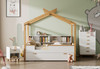 White Full Size Wooden House Bed with Original Wood Colored Frame Twin Size Trundle and Bookshelf Storage Space for Children or Guest Room
