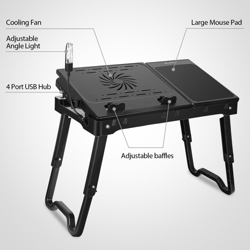 Foldable Laptop Table Bed Notebook Desk with Cooling Fan Mouse Board LED light 4 xUSB Ports Breakfast Snacking Tray 