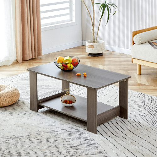 Modern minimalist gray wood grain double layered rectangular coffee table,tea table.MDF material is more durable,Suitable for living room, bedroom, and study room.