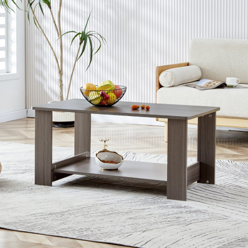 Modern minimalist gray wood grain double layered rectangular coffee table,tea table.MDF material is more durable,Suitable for living room, bedroom, and study room.
