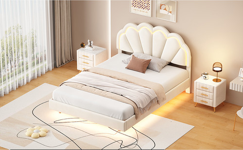 Full Upholstered Smart LED Bed Frame with Elegant Flowers Headboard,Floating Velvet Platform LED Bed with Wooden Slats Support