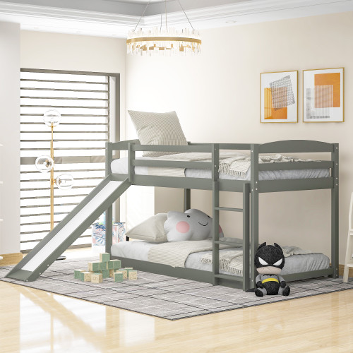 Twin over Twin Bunk Bed with Convertible Slide and Ladder, Gray