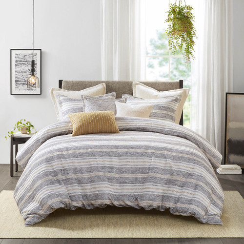 Oasis Oversized Chenille Jacquard Striped Comforter Set with Euro Shams and Throw Pillows