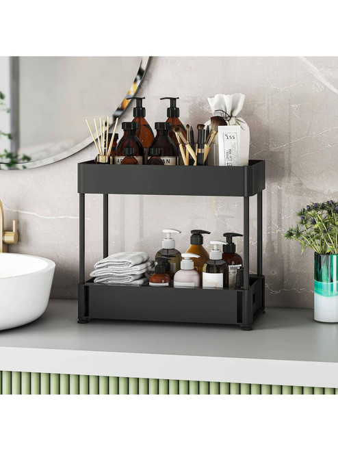 2 layers Under Sink Organizers and Storage Bathroom Organizer Under Sink, Pull Out Cabinet Organizer for Kitchen Bathroom Sink Storage, Pack of 2-layer storage racks in black 