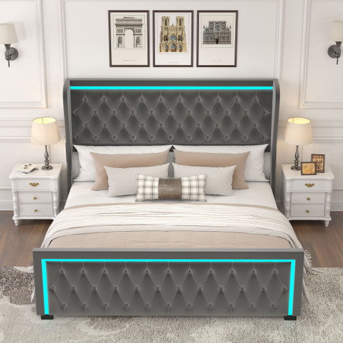 King Platform Bed Frame With High headboard, Velvet Upholstered Bed with Deep Tufted Buttons, Adjustable Colorful LED Light Decorative Headboard, Wide Wingbacks, GREY