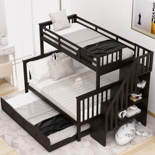 Twin-Over-Full Bunk Bed with Twin size Trundle, Storage and Guard Rail for Bedroom, Dorm, for Adults, Espresso