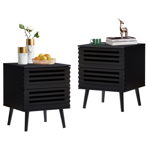 Black Nightstand Set of 2, Wood End Tables with 2 Storage Hollowed-Out Drawers, Bedroom Bedside Table Storage Side Table for Bedroom Living Room (2, Black)