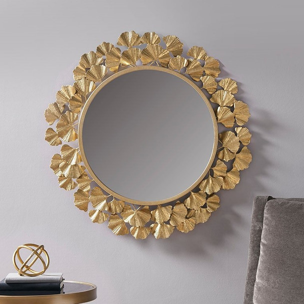 Gold Foil Ginkgo Leaf Round Wall Mirror