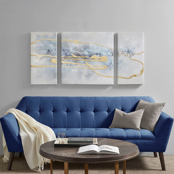 Blue Cosmo Hand Embellished with Glitter and Gold Foil Triptych 3-piece Canvas Wall Art Set