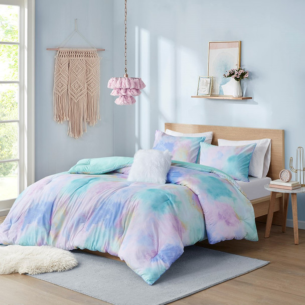 Cassiopeia Watercolor Tie Dye Printed Comforter Set with Throw Pillow