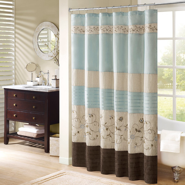 Serene Faux Silk Embroidered Floral Shower Curtain