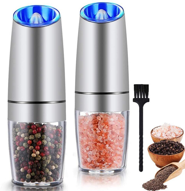 Gravity Electric Pepper and Salt Grinder Set; Adjustable Coarseness; Battery Powered with LED Light; One Hand Automatic Operation; Stainless Steel Black;  2 Pack