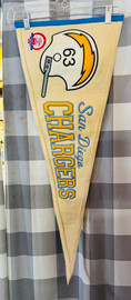 San Diego Chargers team name embroidered on the front vintage single bar Chargers helmet on front San Diego Chargers NFL Vintage AFL Sewn Team Pennant San Diego Chargers team name embroidered on the front vintage single bar Chargers helmet on front San Diego Chargers NFL Vintage AFL Sewn Team Pennant