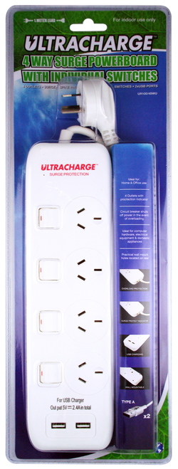 Ultracharge Power Board 4 Switch Surge With 2XUSB 2.1A Total