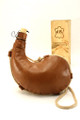 Spanish bota bag 1 Liter Old Style Leather Wineskin Wine Skin 
Shiny

wooden plaque in background not  included