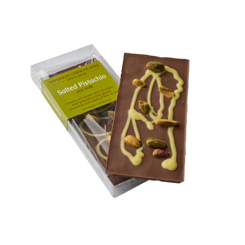Made with fair direct, sustainable cacao. 
42% amber milk chocolate is drizzled with pistachio crème, topped with fleur de sel and caramelized pistachios. A delectable combination of salty and sweet, the Salted Pistachio bar is our top seller. Made with fair direct, sustainable cacao. 
42% amber milk chocolate is drizzled with pistachio crème, topped with fleur de sel and caramelized pistachios. A delectable combination of salty and sweet, the Salted Pistachio bar is our top seller.