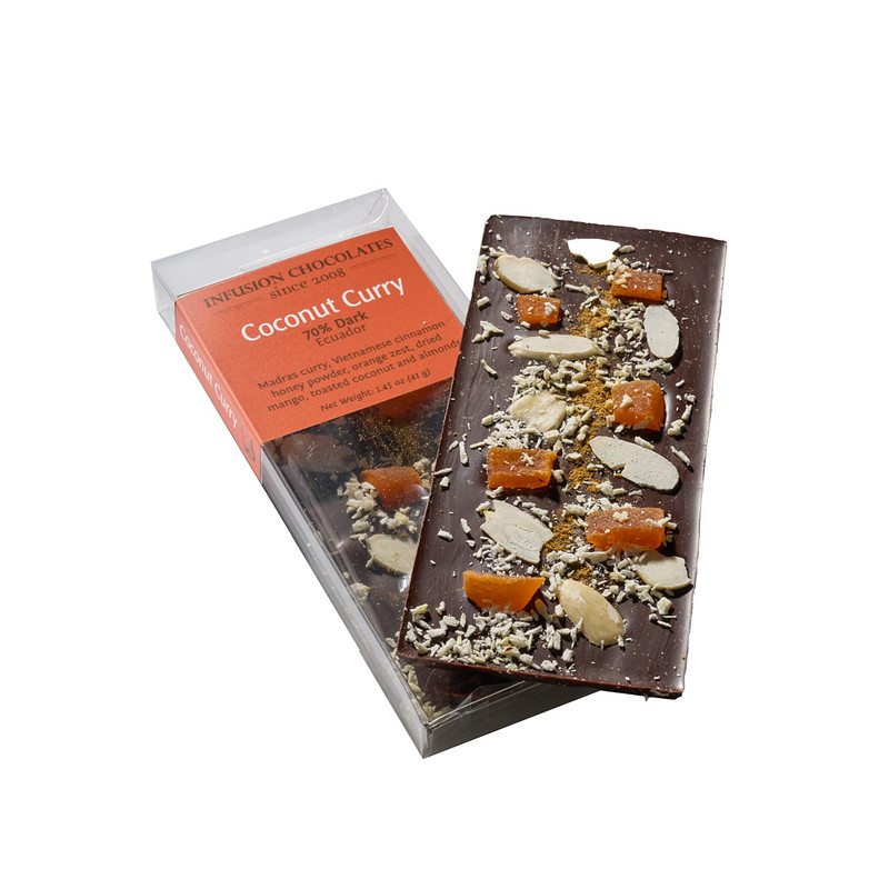 We begin with 75% extra-dark chocolate from Tanzania, rich in notes of smoke, spice and fruit. Madras curry, toasted coconut, roasted almonds, dried mango and honey powder complement the chocolate perfectly.