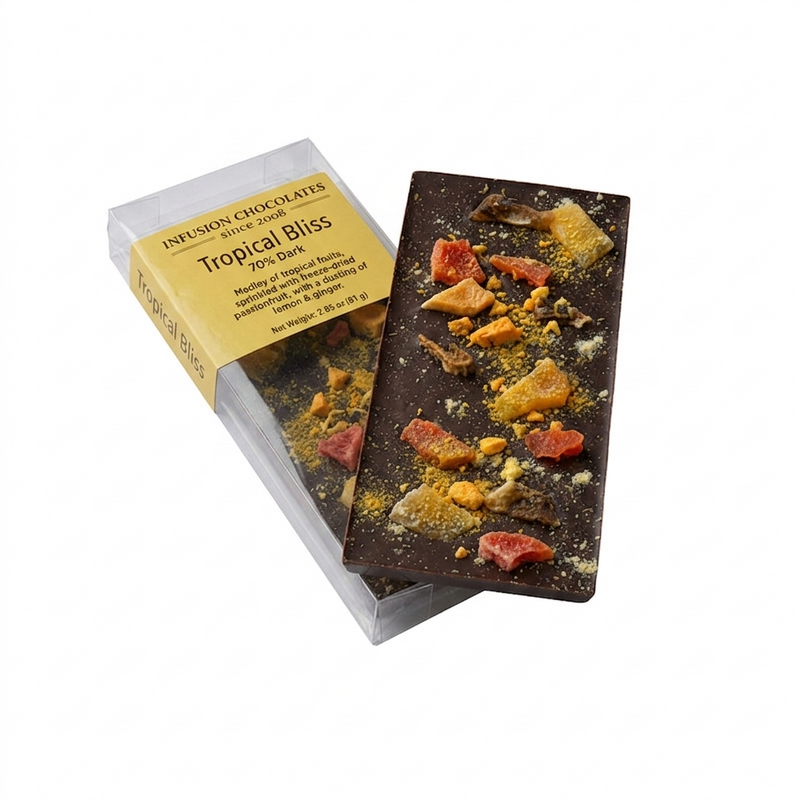 Our 70% dark chocolate, with a medley of tropical fruits, sprinkled with freeze-dried passionfruit, with a dusting of lemon and ginger. 