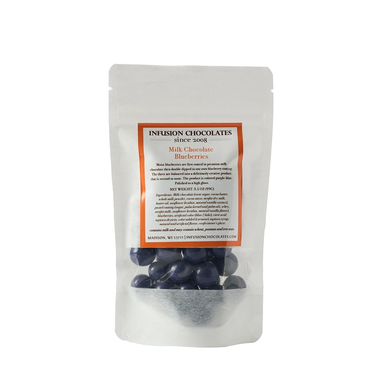 Moist blueberries are first coated in premium milk chocolate then double dipped in our own blueberry coating. The three are balances into a deliciously creative product that is second to none. The product is colored purple-blue. Polished to a high gloss.