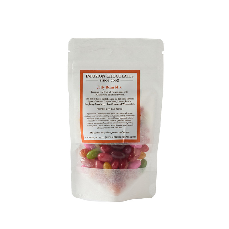 A pouch of Infusion Chocolates jelly bean mix, coloured beans visible through the window