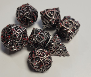 Rope Design Silver Blood Splatter Metal Dice 7 piece Polyhedral dice set S1