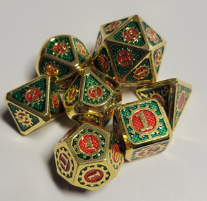 Steampunk Gold Green Metal Dice 7 piece Polyhedral dice set S2 Steampunk Gold Green Metal Dice 7 piece Polyhedral dice set S2