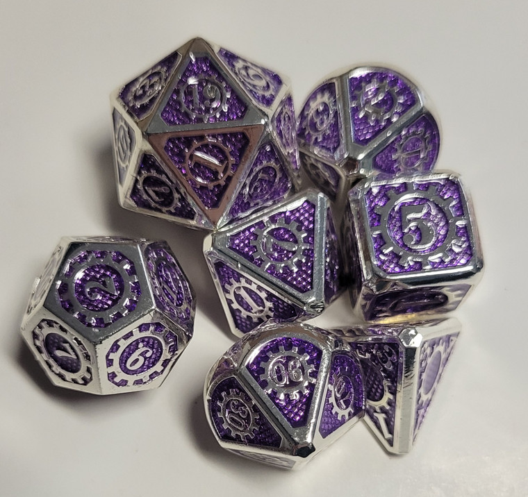 Steampunk Silver Purple Metal Dice 7 piece Polyhedral dice set T3