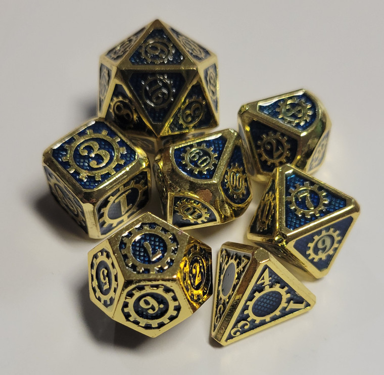 Steampunk Gold Blue Metal Dice 7 piece Polyhedral dice set S3