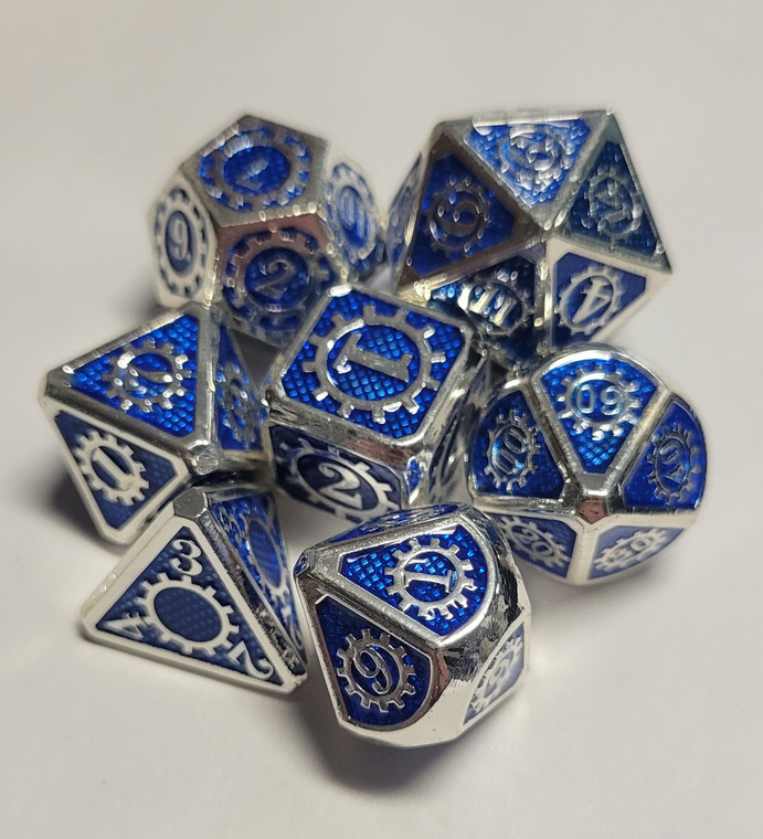 Steampunk Silver/Blue Metal Dice 7 piece Polyhedral dice set P2