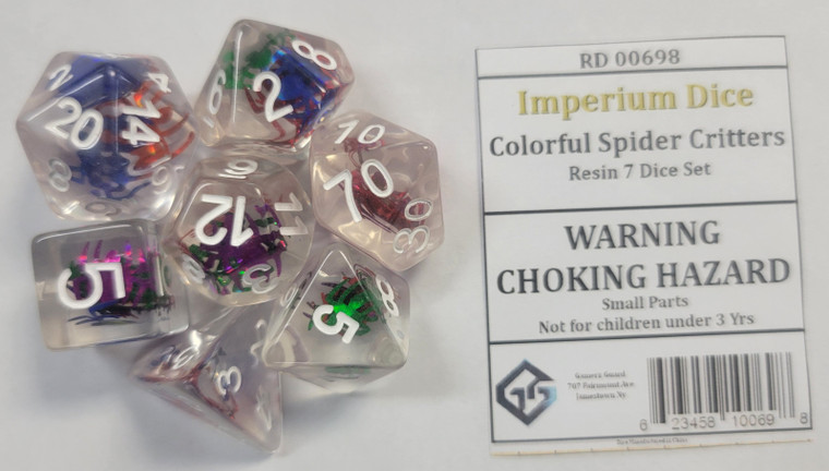 Colorful Spider Critters Resin 7 Dice Set