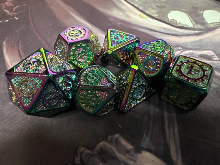 Steampunk Rainbow White Metal 7 Polyhedral Dice Set