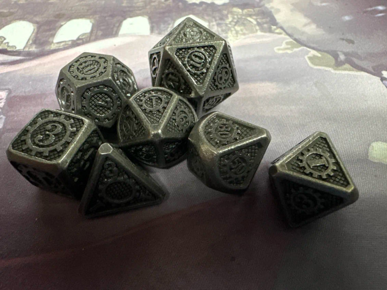 Steampunk Tarnished Silver 7 Metal Polyhedral Dice Set