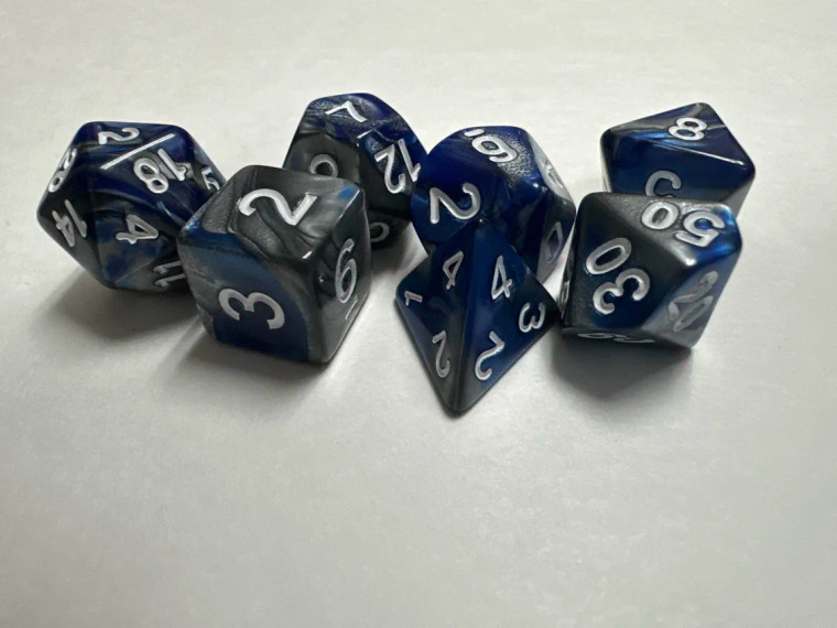 Runefused 7 Piece Acrylic Dice Set – Blue & Gray