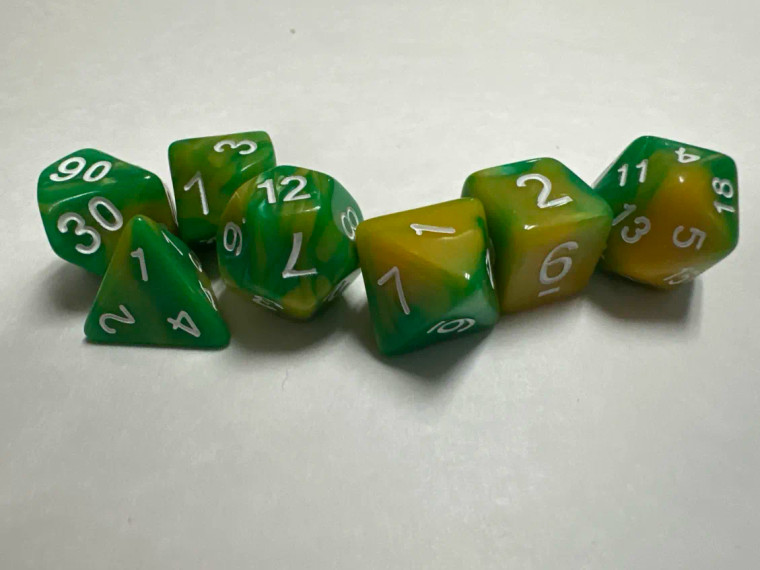 Runefused 7 Piece Acrylic Dice Set – Yellow & Green