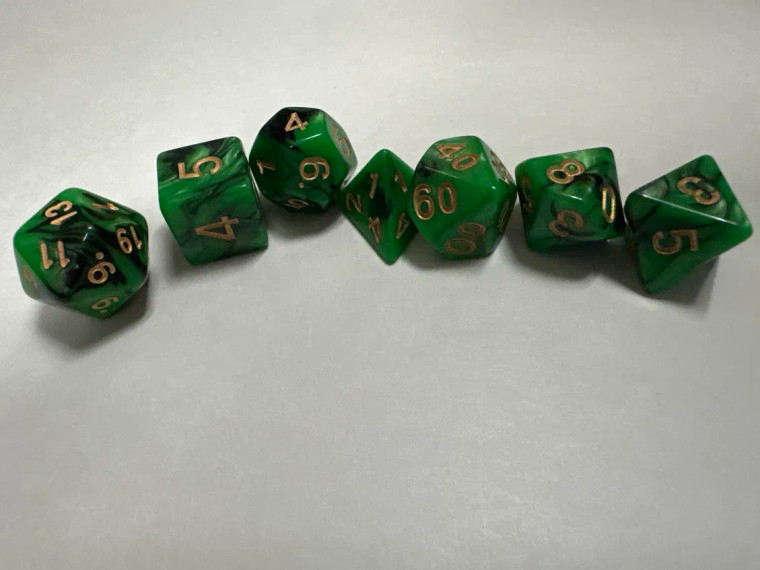 Runefused 7 Piece Acrylic Dice Set – Black & Green