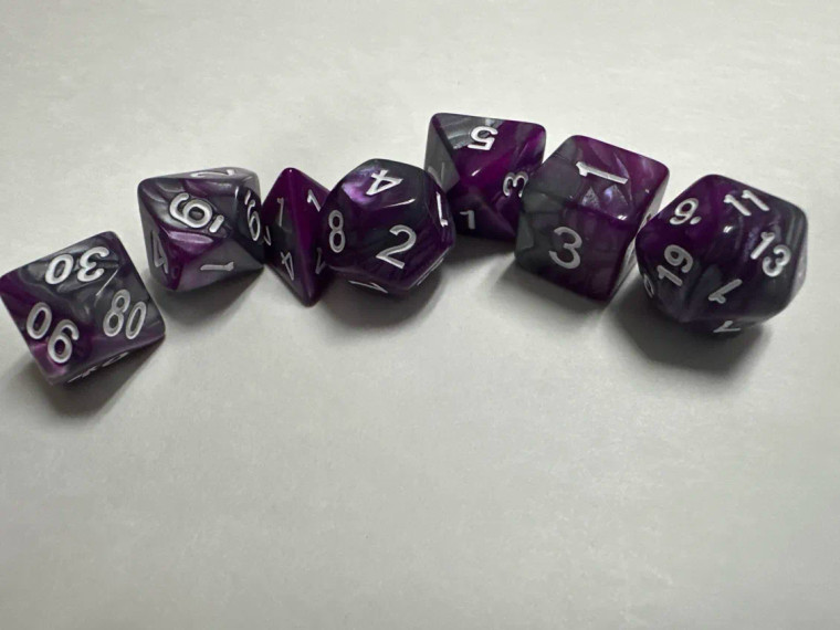 Runefused 7 Piece Acrylic Dice Set – Purple & Gray