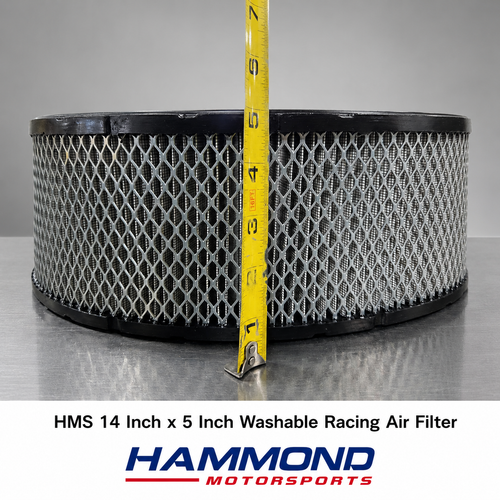 HMS 14-inch x 5-inch washable racing air filter with tape measure showing filter height