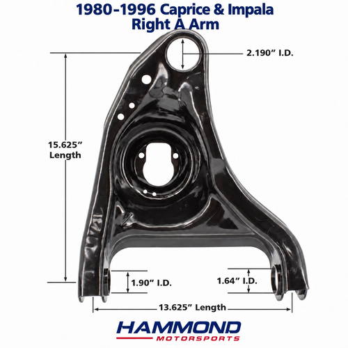 Titan 1980–1996 Chevy Caprice and Impala right lower control arm, bare, with ball joint opening and mounting dimensions – Hammond Motorsports