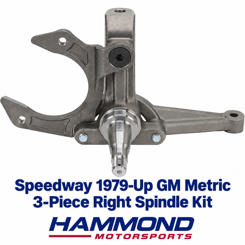 Speedway 1979-Up GM Metric 3-Piece Right Spindle Kit with spindle body, steering arm, and caliper bracket – 91034501-R