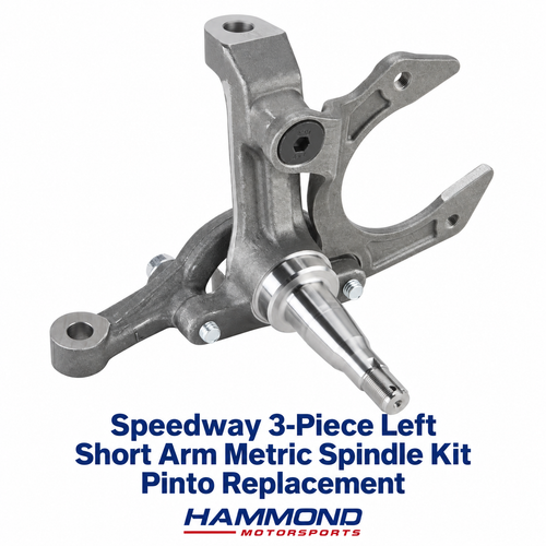 Speedway 3-Piece Left Short Arm Metric Spindle Kit – Pinto replacement with spindle body, short steering arm, and caliper bracket