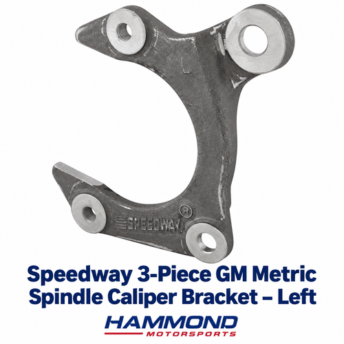 Speedway left replacement caliper bracket for 3-piece GM Metric and short arm Pinto-replacement spindle assemblies