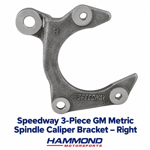 Speedway right replacement caliper bracket for 3-piece GM Metric and short arm Pinto-replacement spindle assemblies
