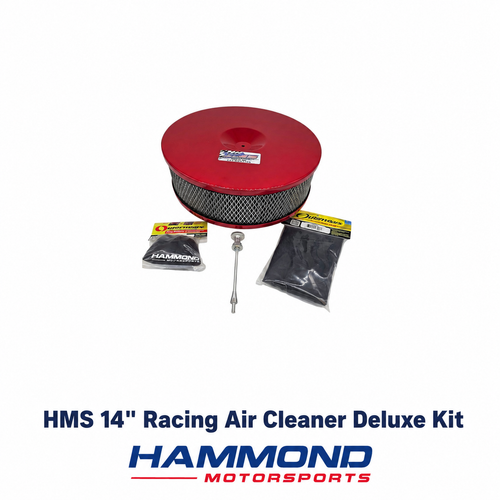 HMS 14-inch Racing Air Cleaner Deluxe Kit with lid, double O-ring base, washable no-oil filter, pre-filter, stud kit and scrub bag