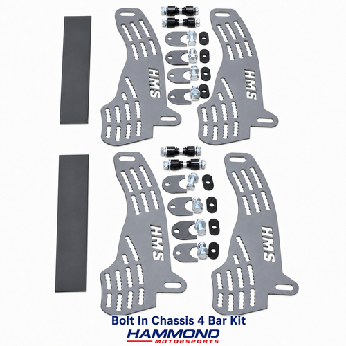Hammond Motorsports Bolt-In Chassis 4-Bar Kit with adjustable chassis brackets, mounting tabs, hardware and reinforcement plates.