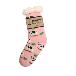 Bartleby Ladies Sherpa Socks - Black & White Cow Design